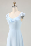 Sky Blue A-line Ruffled Chiffon Bridesmaid Dress with Lace Up Back