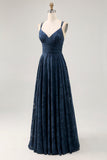 Navy A-Line Spaghetti Straps Ruched Floral Floor Length Dress