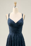 Navy A-Line Spaghetti Straps Ruched Floral Floor Length Dress