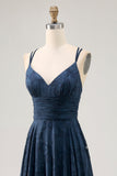 Navy A-Line Spaghetti Straps Ruched Floral Floor Length Dress