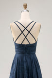 Navy A-Line Spaghetti Straps Ruched Floral Floor Length Dress