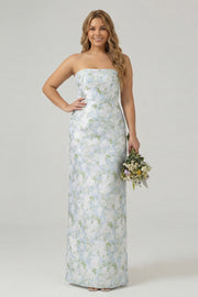 Strapless Blue White Flower Sheath Plus Size Long Bridesmaid Dress with Slit
