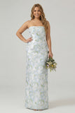 Strapless Blue White Flower Sheath Plus Size Long Bridesmaid Dress with Slit