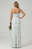Strapless Blue White Flower Sheath Plus Size Long Bridesmaid Dress with Slit