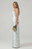 Strapless Blue White Flower Sheath Plus Size Long Bridesmaid Dress with Slit