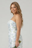 Strapless Blue White Flower Sheath Plus Size Long Bridesmaid Dress with Slit