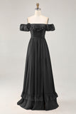 Dusty Sage A-line Off The Shoulder Chiffon Long Bridesmaid Dress with Slit