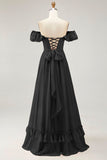 Royal Blue A-line Off The Shoulder Chiffon Long Bridesmaid Dress with Slit