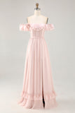 Dusty Sage A-line Off The Shoulder Chiffon Long Bridesmaid Dress with Slit