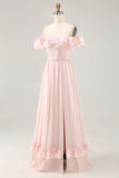 Dusty Sage A-line Off The Shoulder Chiffon Long Bridesmaid Dress with Slit