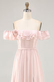 Dusty Sage A-line Off The Shoulder Chiffon Long Bridesmaid Dress with Slit