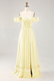 Dusty Sage A-line Off The Shoulder Chiffon Long Bridesmaid Dress with Slit