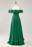 Royal Blue A-line Off The Shoulder Chiffon Long Bridesmaid Dress with Slit