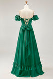 Dusty Sage A-line Off The Shoulder Chiffon Long Bridesmaid Dress with Slit
