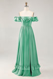 Royal Blue A-line Off The Shoulder Chiffon Long Bridesmaid Dress with Slit