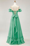 Royal Blue A-line Off The Shoulder Chiffon Long Bridesmaid Dress with Slit