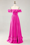 Dusty Sage A-line Off The Shoulder Chiffon Long Bridesmaid Dress with Slit