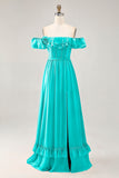 Dusty Sage A-line Off The Shoulder Chiffon Long Bridesmaid Dress with Slit