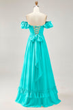 Dusty Sage A-line Off The Shoulder Chiffon Long Bridesmaid Dress with Slit