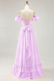 Dusty Sage A-line Off The Shoulder Chiffon Long Bridesmaid Dress with Slit