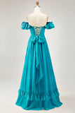 Royal Blue A-line Off The Shoulder Chiffon Long Bridesmaid Dress with Slit