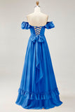 Dusty Sage A-line Off The Shoulder Chiffon Long Bridesmaid Dress with Slit