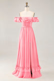 Dusty Sage A-line Off The Shoulder Chiffon Long Bridesmaid Dress with Slit
