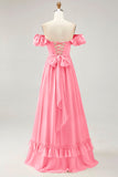 Dusty Sage A-line Off The Shoulder Chiffon Long Bridesmaid Dress with Slit