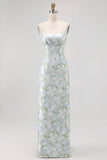 Sheath Blue White Flower Spaghetti Straps Print Long Bridesmaid Dress with Back Slit