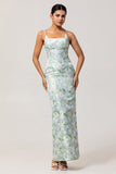 Sheath Blue White Flower Spaghetti Straps Print Long Bridesmaid Dress with Back Slit