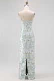 Sheath Blue White Flower Spaghetti Straps Print Long Bridesmaid Dress with Back Slit