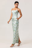 White Flower Sheath Spaghetti Straps Print Long Bridesmaid Dress with Back Slit