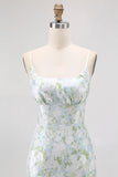Sheath Blue White Flower Spaghetti Straps Print Long Bridesmaid Dress with Back Slit
