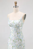 Sheath Blue White Flower Spaghetti Straps Print Long Bridesmaid Dress with Back Slit