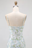 Sheath Blue White Flower Spaghetti Straps Print Long Bridesmaid Dress with Back Slit