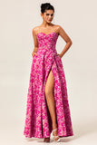 Fuchsia A-Line Strapless Corset Pockets Floral Maxi Dress with Slit