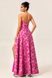 Fuchsia A-Line Strapless Corset Pockets Floral Maxi Dress with Slit