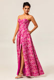 Fuchsia A-Line Strapless Corset Pockets Floral Maxi Dress with Slit
