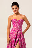 Fuchsia A-Line Strapless Corset Pockets Floral Maxi Dress with Slit