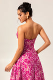 Fuchsia A-Line Strapless Corset Pockets Floral Maxi Dress with Slit