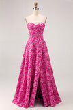 Fuchsia A-Line Strapless Corset Pockets Floral Maxi Dress with Slit