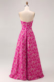 Fuchsia A-Line Strapless Corset Pockets Floral Maxi Dress with Slit