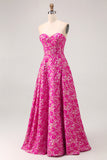 Fuchsia A-Line Strapless Corset Pockets Floral Maxi Dress with Slit
