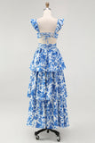 Blue Floral A-Line Deep V Neck Tiered Print Maxi Dress with Ruffles