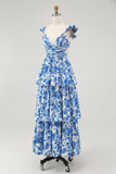 Blue Floral A-Line Deep V Neck Tiered Print Maxi Dress with Ruffles