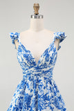 Blue Floral A-Line Deep V Neck Tiered Print Maxi Dress with Ruffles