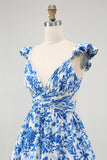 Blue Floral A-Line Deep V Neck Tiered Print Maxi Dress with Ruffles