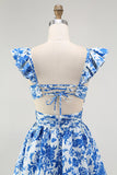 Blue Floral A-Line Deep V Neck Tiered Print Maxi Dress with Ruffles