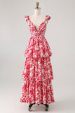 Blue Floral A-Line Deep V Neck Tiered Print Maxi Dress with Ruffles