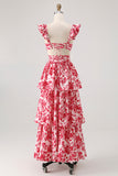 Blue Floral A-Line Deep V Neck Tiered Print Maxi Dress with Ruffles